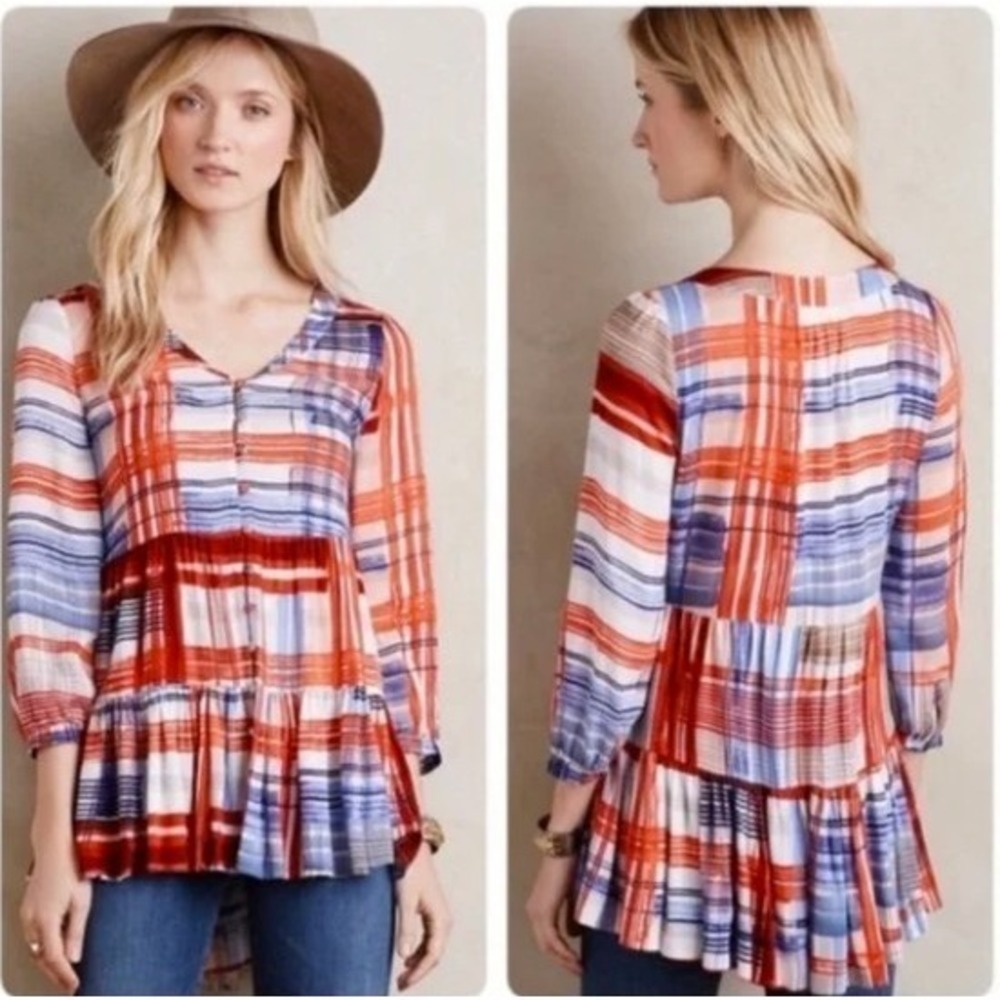 Maeve Anthropologie Lila Tiered Tunic Top Blouse‎ Peplum Plaid